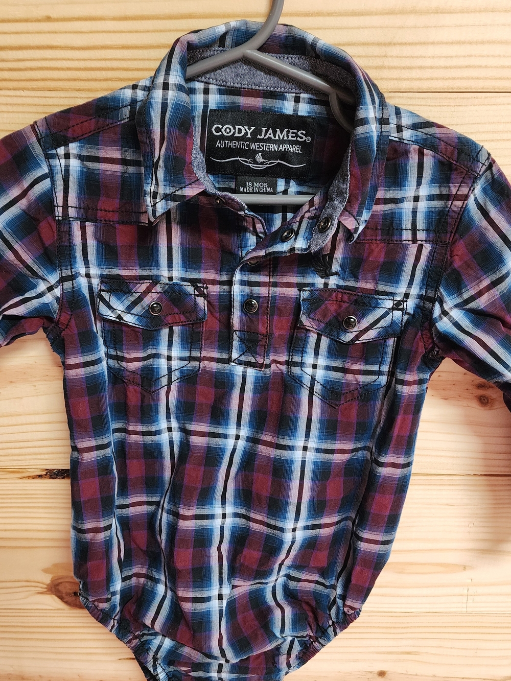 Boys' Burgundy, Blue, Black Plaid Western Button Bodysuit